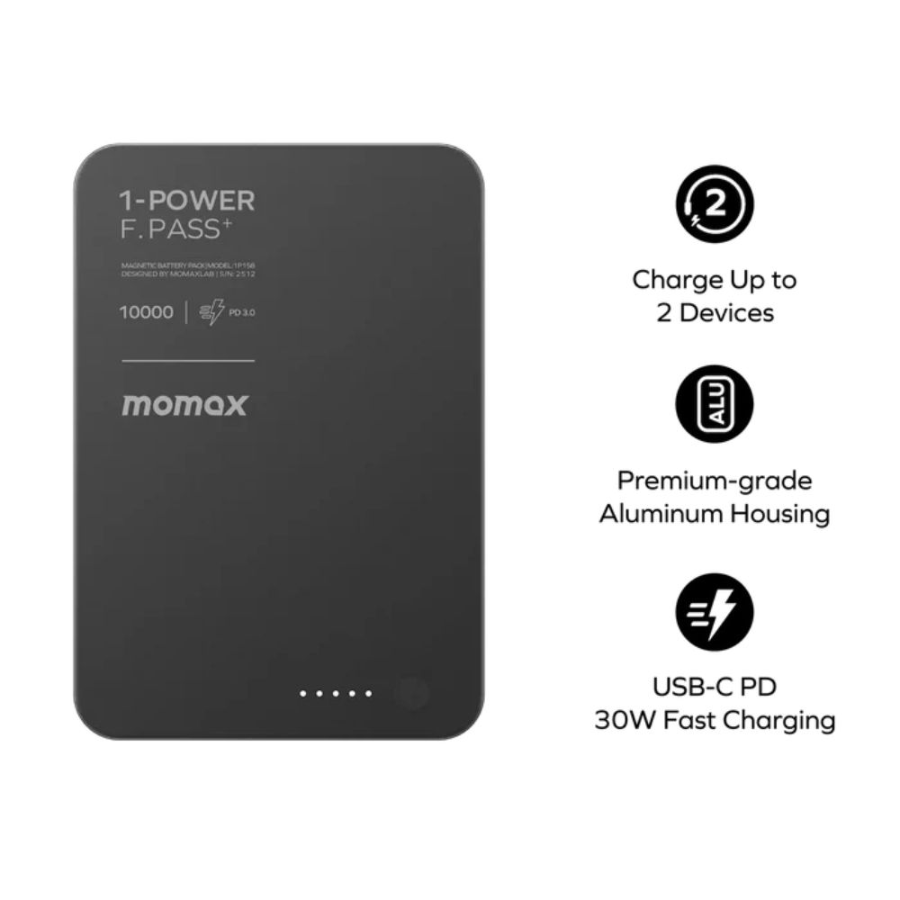 Momax 1-Power F.Pass+ 10000mAh Battery Pack with Built-in Cable and Magnetic attachment (Black)