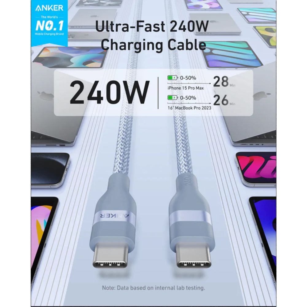 Anker USB-C to USB-C Cable 240W (Upcycled-Braided) (0.9m/3ft) (Blue)