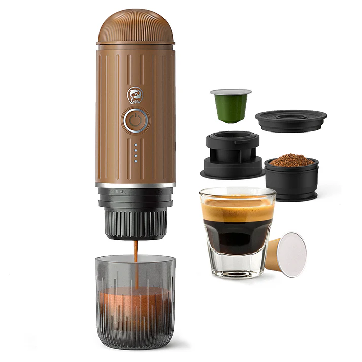 iCafilas 2-in-1 Portable Espresso Maker with Heating (Brown)