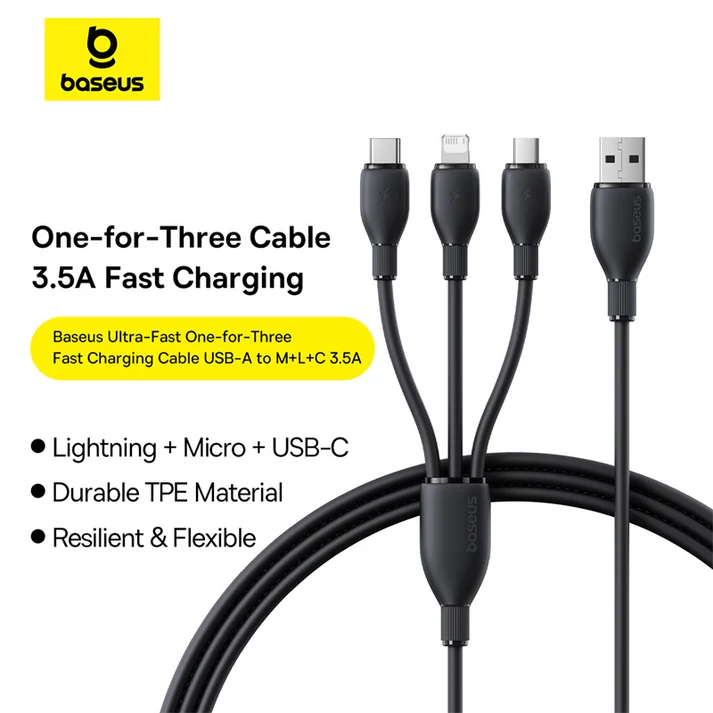 Baseus Ultra-Fast One-for-Three Fast Charging Cable USB-A to M+L+C 1.3m (Cosmic Black)
