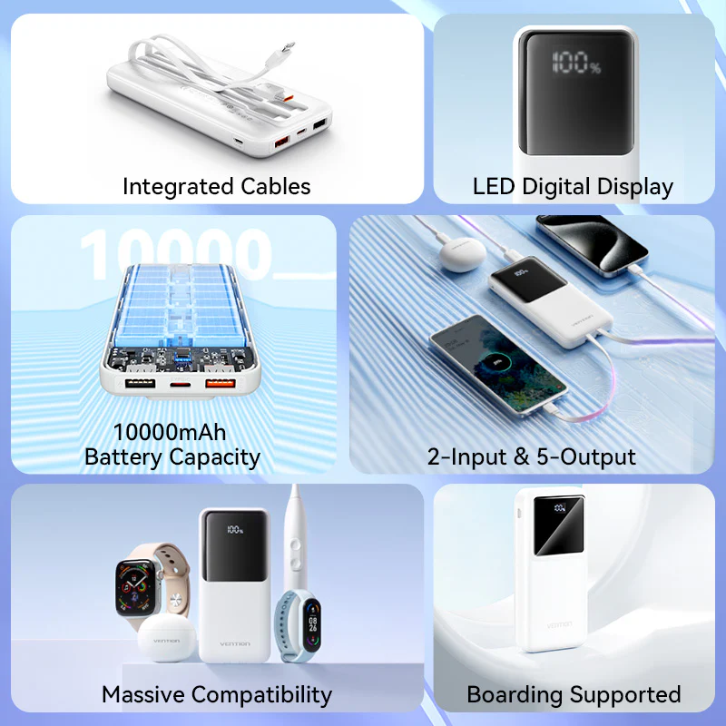 Vention Power Bank 10000mAh with Built-in USB-C and Lightning Cables (Black)