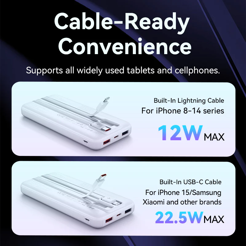 Vention Power Bank 10000mAh with Built-in USB-C and Lightning Cables (White)