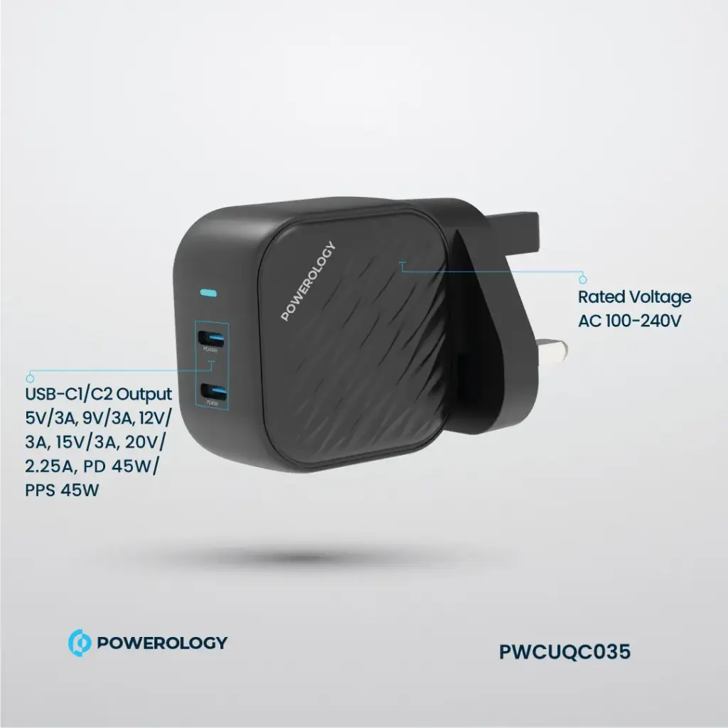 Powerology Gan |Dual-USB-C  Wall Charger (Black)