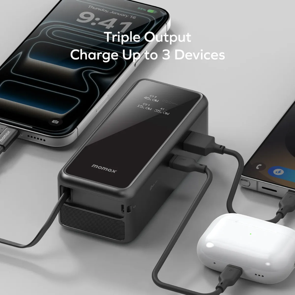 Momax 1-PAC⁺10000mAh 3 in 1 Hybrid GaN Battery Pack with Build-in retractable Cable (Black)