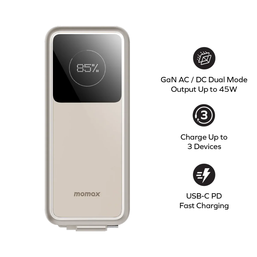 Momax 1-PAC⁺10000mAh 3 in 1 Hybrid GaN Battery Pack with Build-in retractable Cable (Titanium)