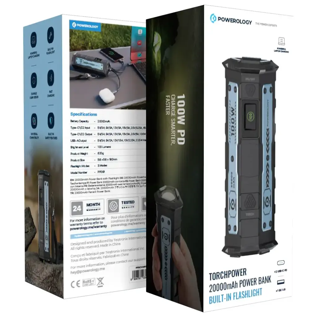 Powerology TorchPower 20000mAh Power Bank  Built-in Flashlight 