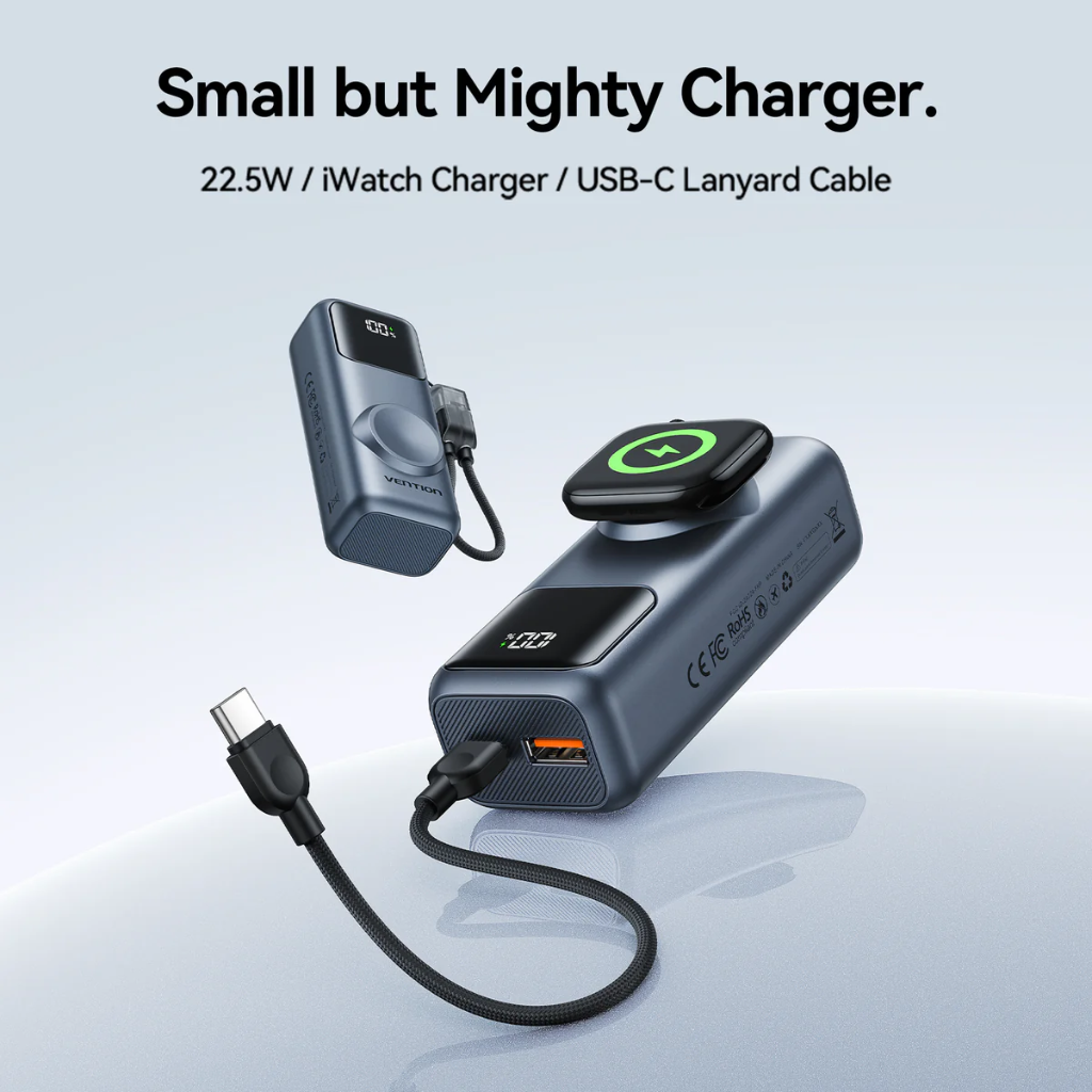 Vention Mini 10000mAh Power Bank (USB-C + USB-A) with Built-in USB-C Cable & Apple Watch Charging 22.5W (Gray)