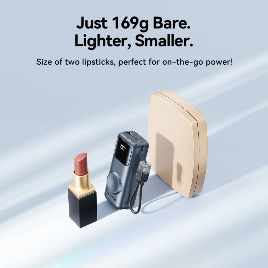 Vention Mini 10000mAh Power Bank (USB-C + USB-A) with Built-in USB-C Cable & Apple Watch Charging 22.5W (Gray)