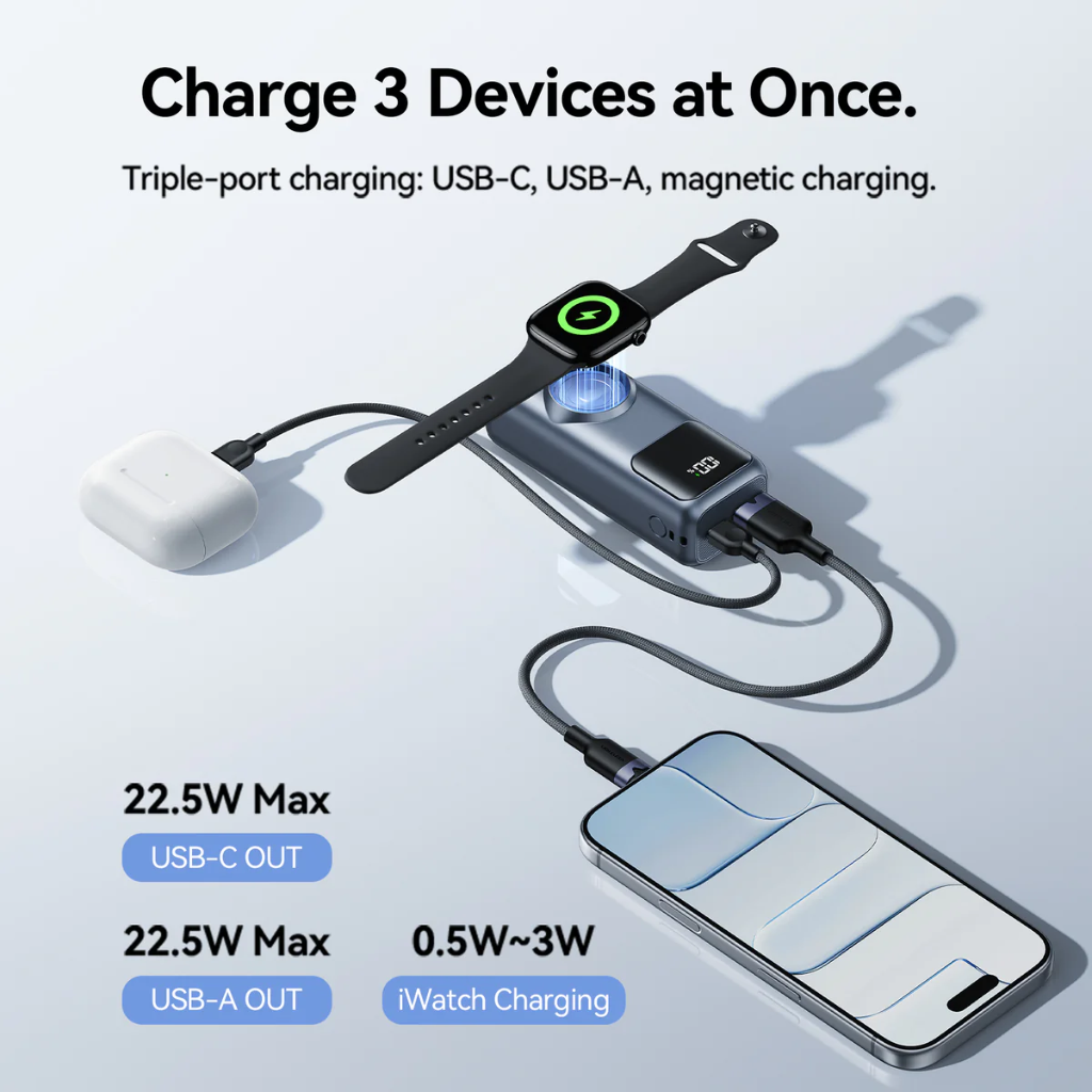 Vention Mini 10000mAh Power Bank (USB-C + USB-A) with Built-in USB-C Cable & Apple Watch Charging 22.5W (Gray)