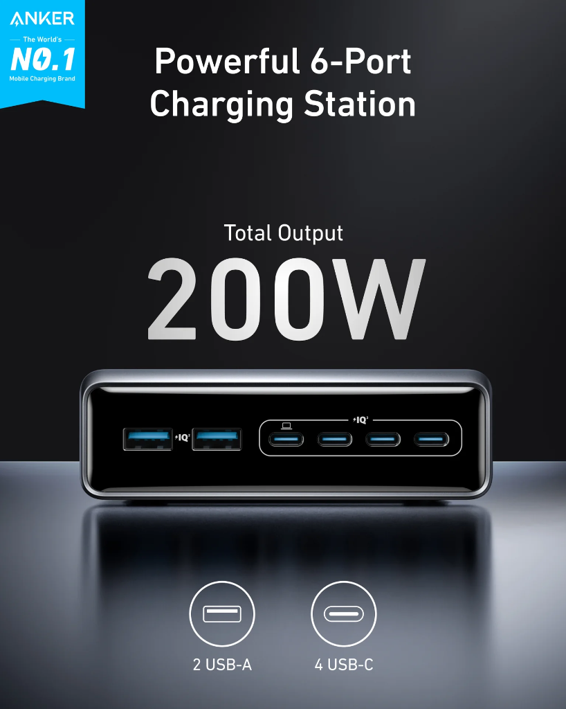 Anker Prime Charger 200W, 6 Ports, GaN (Silver)