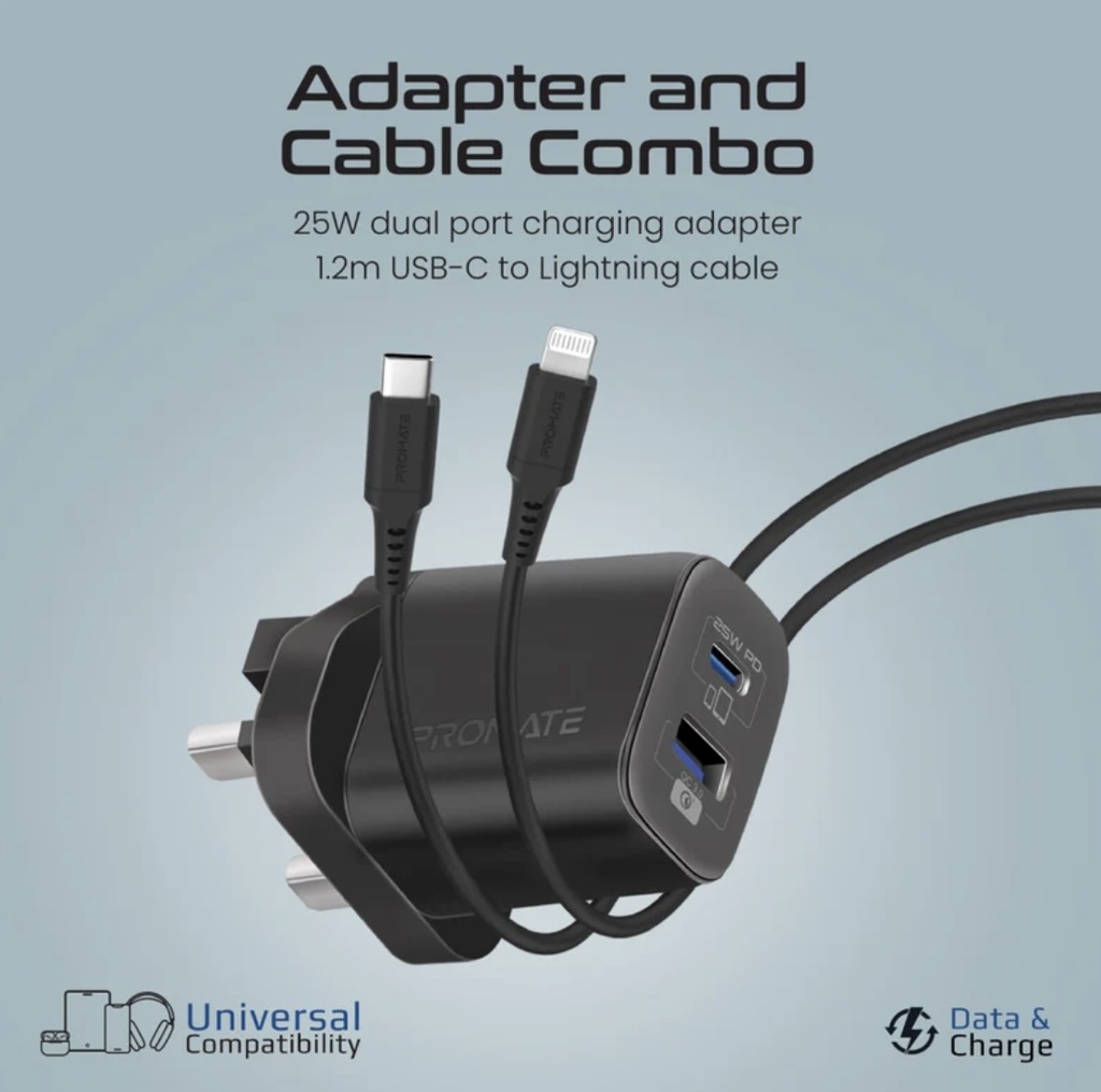 Promate 25W PD Dual Port Adapter USB-C to Lightning Cable (Black)