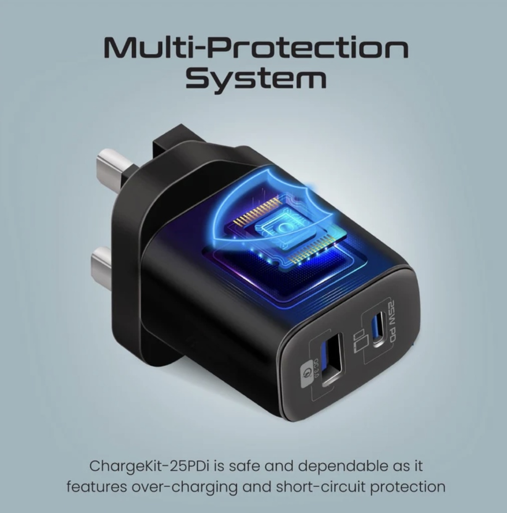 Promate 25W PD Dual Port Adapter USB-C to Lightning Cable (Black)