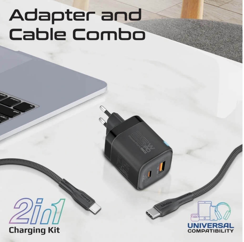 Promate 25W PD Adapter Combo Dual Port with 60W USB-C Cable (Black)