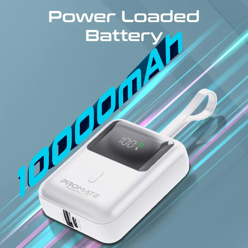 Promate 35W SuperSpeed™  with Built-In USB-C Cable Power Bank 10000mAh (White) 