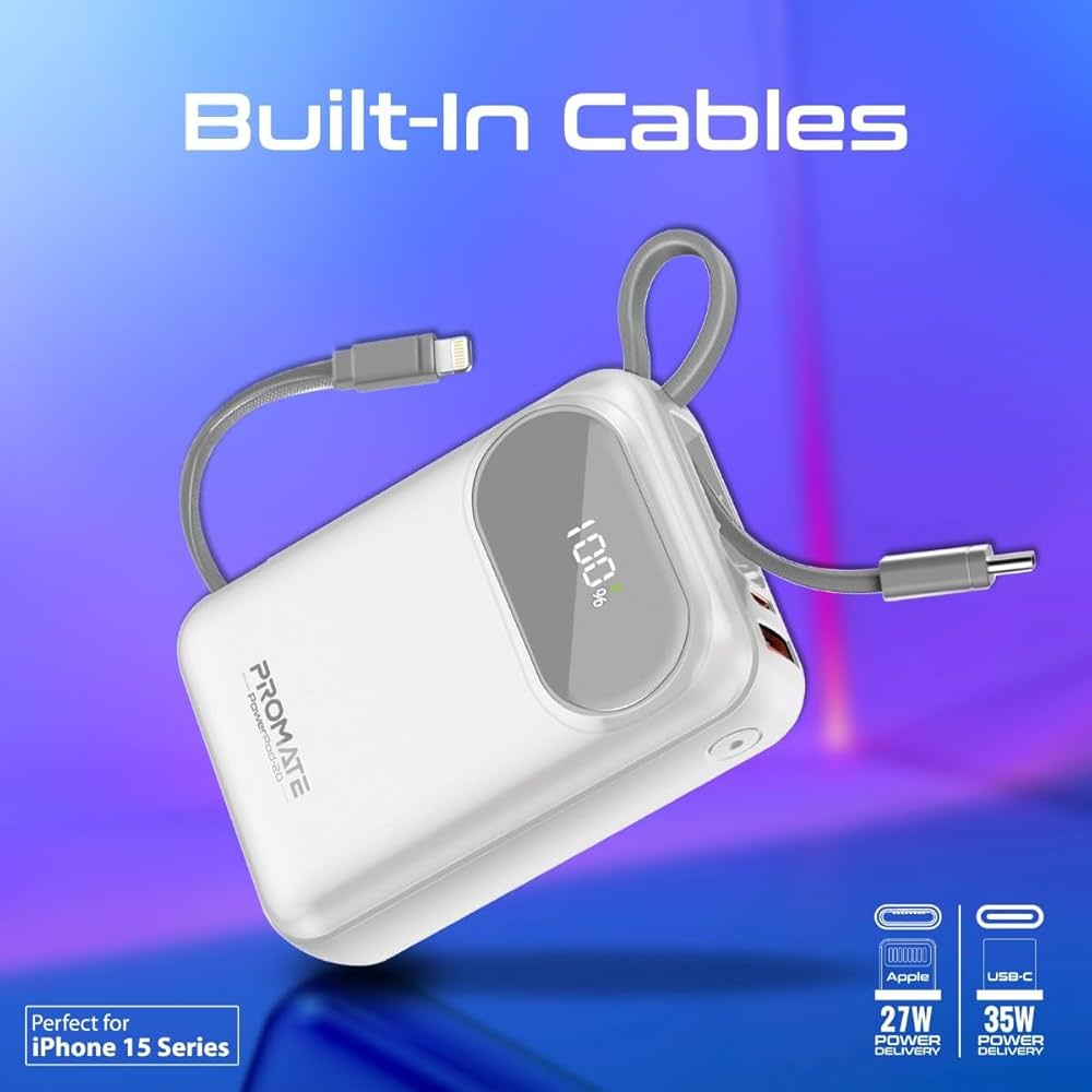 Promate 20W PD Dual USB-C and 22.5W USB-A Ports Power Bank 20000mAh (White) 