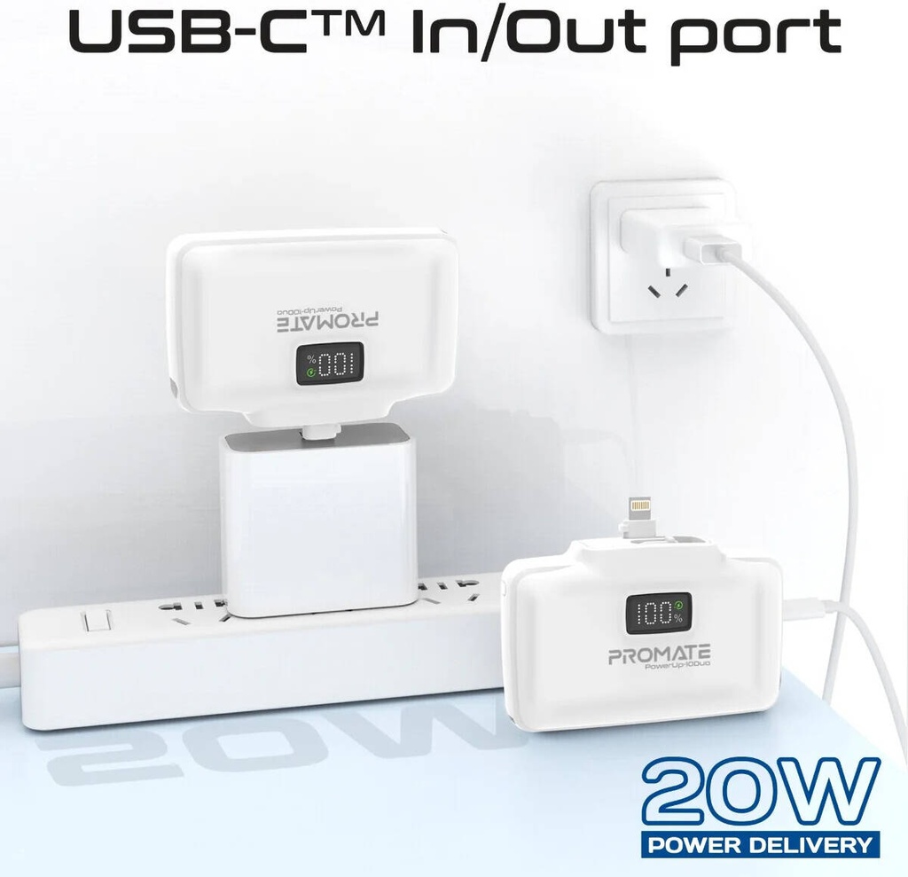 Promate Dual Folding USB-C & Lightning Power Bank 5000mAh (White)