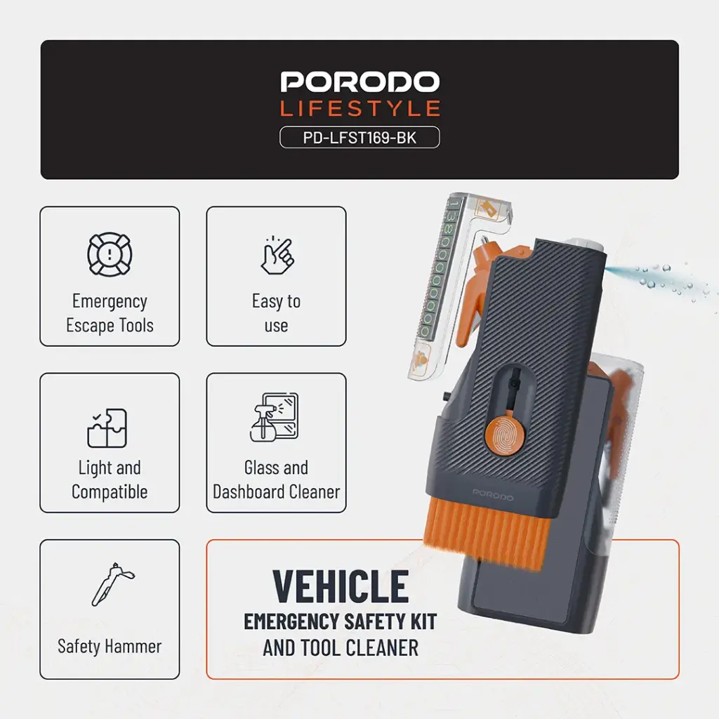 Porodo Lifestyle Vehicle Emergency Safety Kit And Tool Cleaner LFS169 (Black)