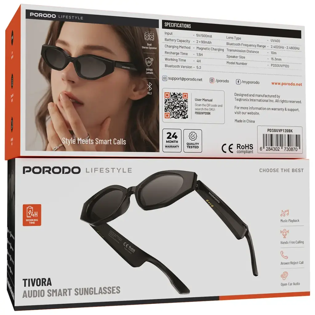Porodo Lifestyle Tivora Audio Smart Sunglasses (Black)