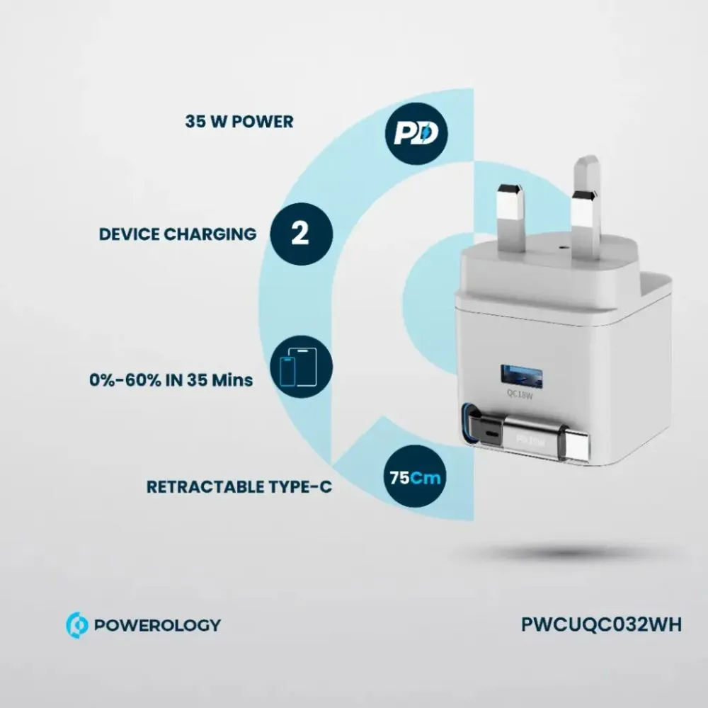 Powerology 35W Dual Port | Retractable GaN Charger 35W (White)