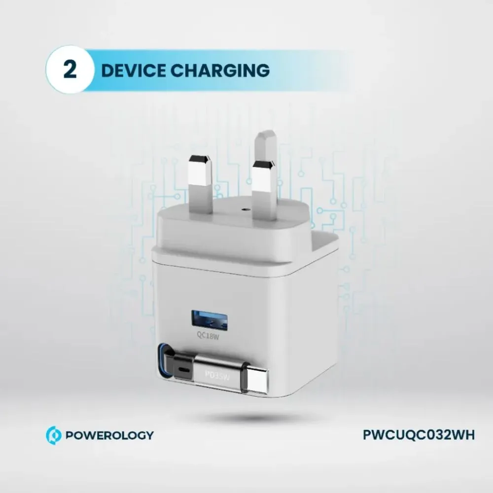 Powerology 35W Dual Port | Retractable GaN Charger 35W (White)