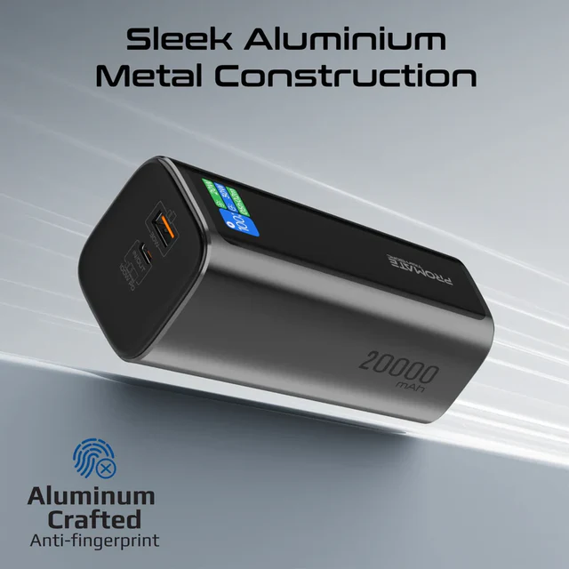 Promate Aluminum Crafted  With Retractable USB-C Cable 130W   & TFT LCD Screen Power Bank 20000mAh (Black)