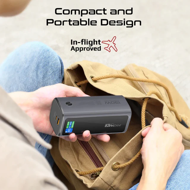 Promate Aluminum Crafted  With Retractable USB-C Cable 130W   & TFT LCD Screen Power Bank 20000mAh (Black)