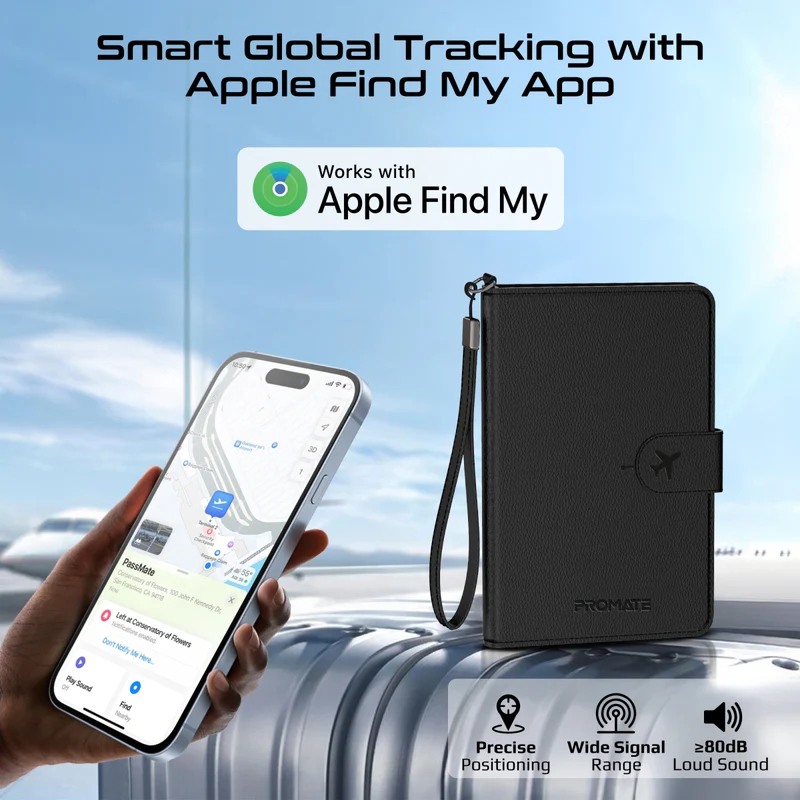 Promate Slim Leather Passport Holder with RFID Protection & Smart Tracking (Black)