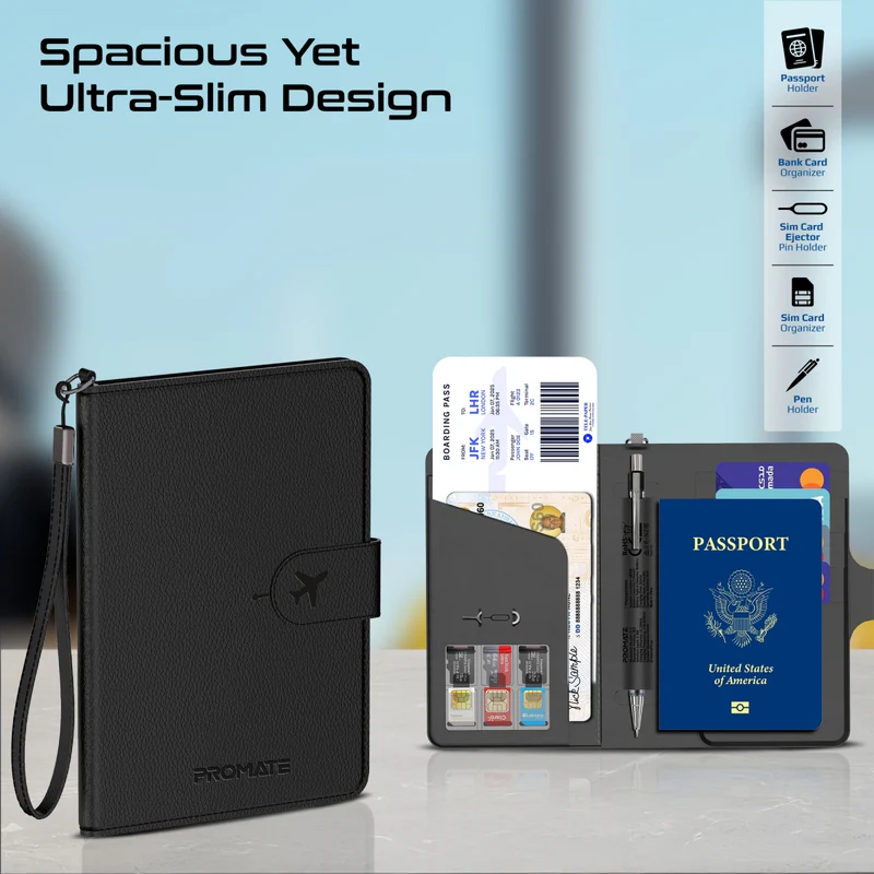 Promate Slim Leather Passport Holder with RFID Protection & Smart Tracking (Black)
