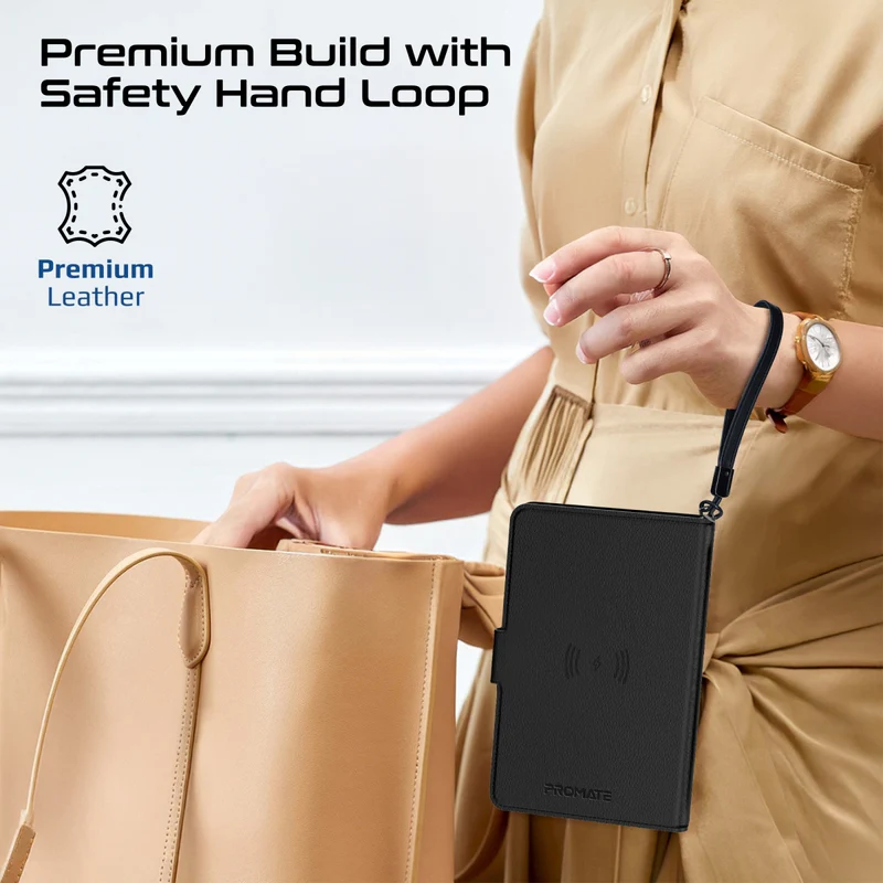 Promate Slim Leather Passport Holder with RFID Protection & Smart Tracking (Black)