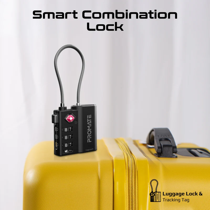 Promate Smart Lock Tracking TSA Approved works with Apple Find My (Black)