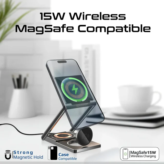 Promate 3 in 1 Ultra-Slim Transparent MagSafe Wireless Charging Foldable 15W (Black)