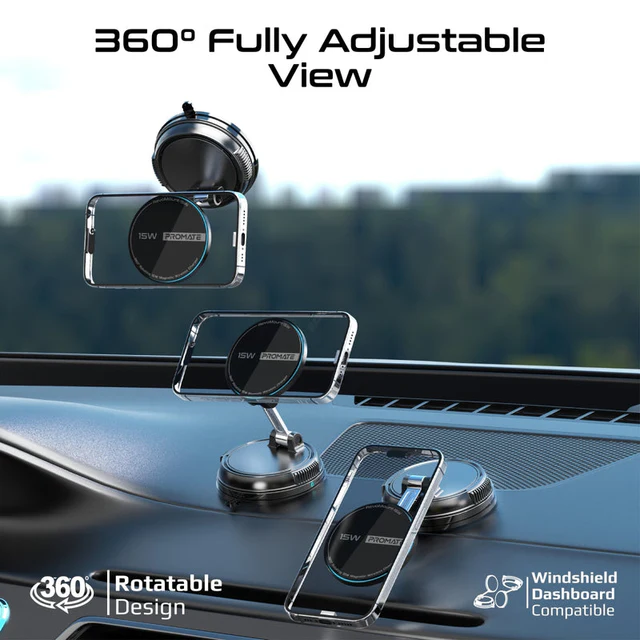 Promate SecureGrip™ 360° Cradleless Car Charger Mount MagSafe 15W (Black)