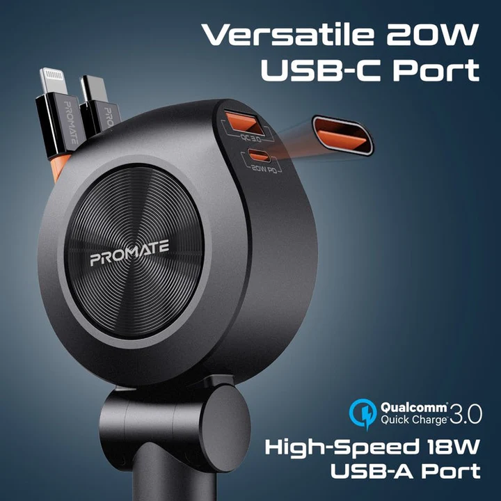 Promate Car Charger 88W Dual Retractable USB-C & Lightning Cables 80CM (Black)