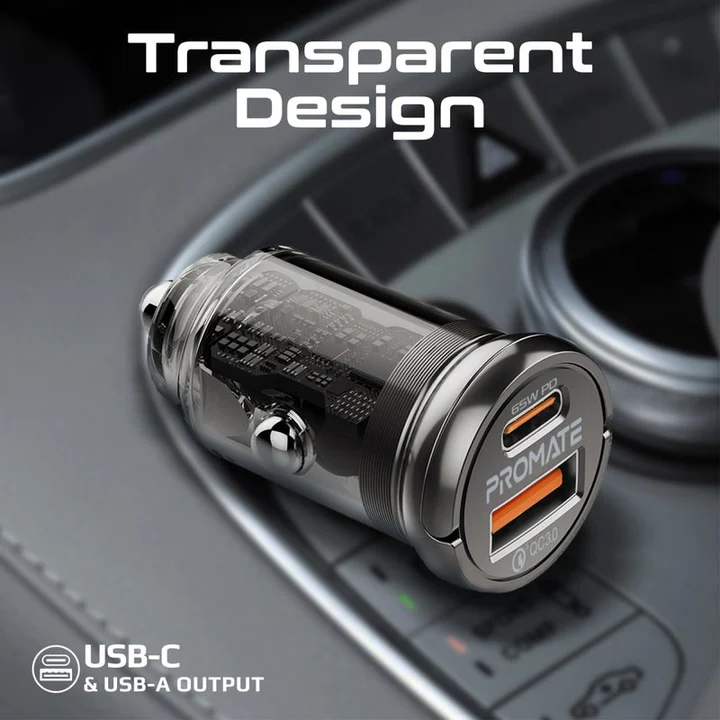 Promate Mini Car Charger 65W (Transparent) 
