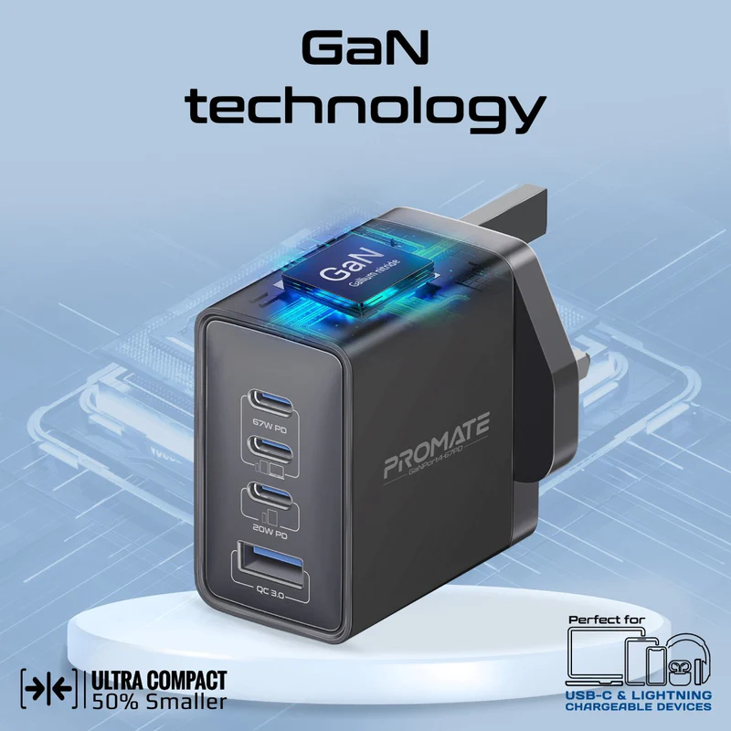 Promate Charging Adapter 67W PD GaNFast™  (Black)