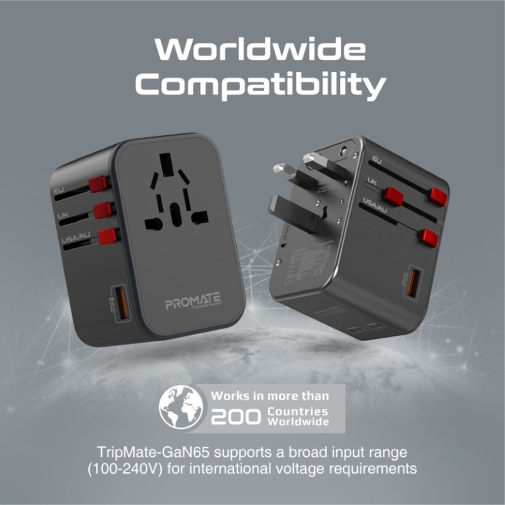 Promate Travel Adapter 65W PD GaNFast™ (Black)
 