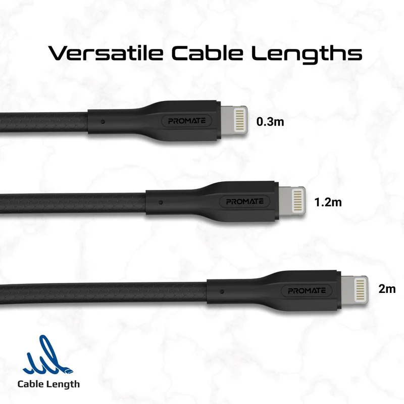 Promate Cable Kit 27W PD 3Pcs High Tensile Strength USB-C to Lightning (Black)