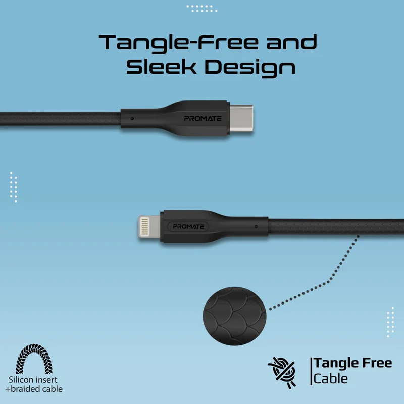 Promate Cable Kit 27W PD 3Pcs High Tensile Strength USB-C to Lightning (Black)