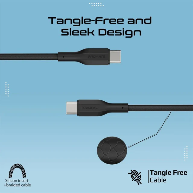 Promate Cable Kit 60W PD 3Pcs High Tensile Strength USB-C (Black)