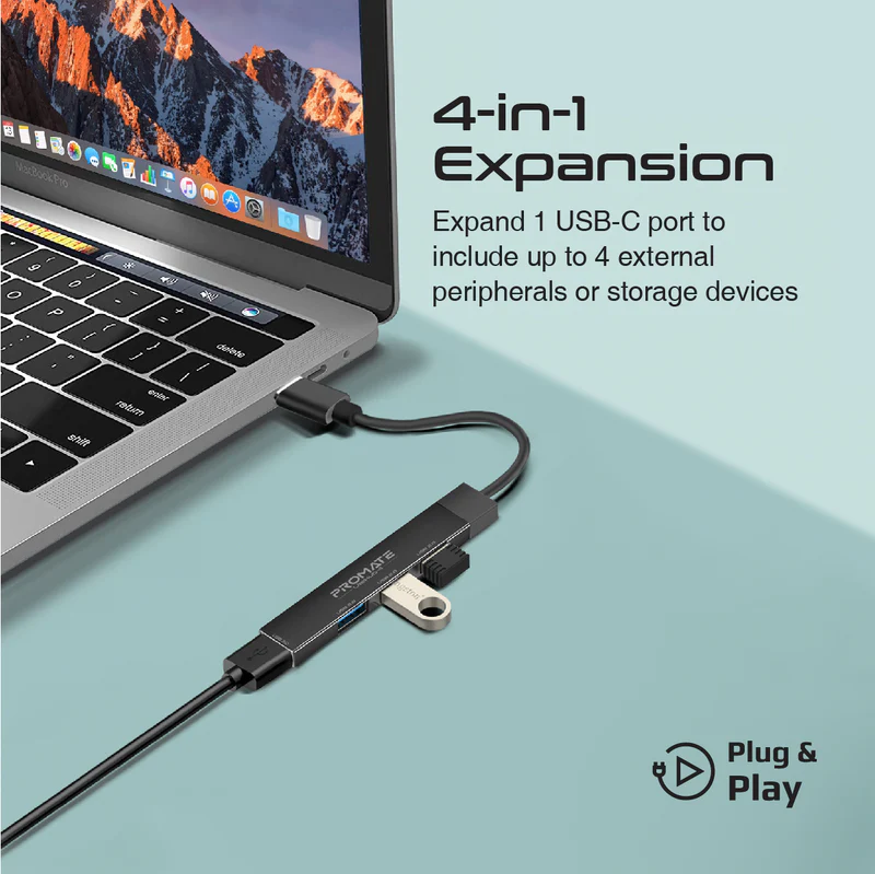Promate LiteHub 4-in-1 Multi-Port USB-C Data (Black)