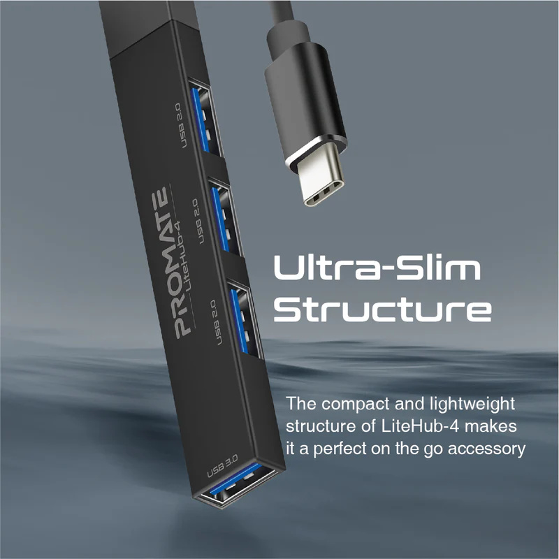 Promate LiteHub 4-in-1 Multi-Port USB-C Data (Black)