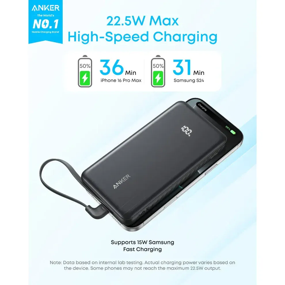 Anker Zolo 22.5W, Built-In USB-C Cable Power Bank 10,000mAh (Black)