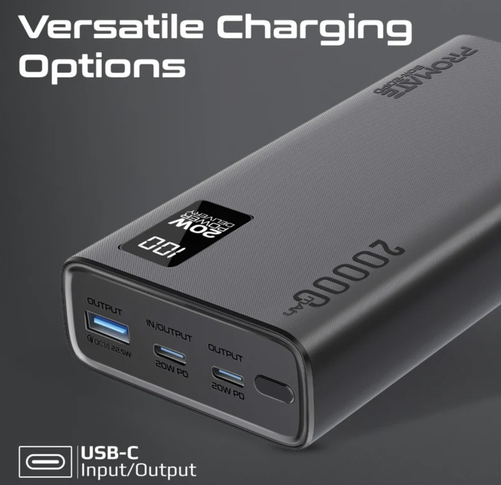 Promate 20W PD Dual USB-C and 22.5W USB-A Ports Power Bank 20000mAh (Black) 