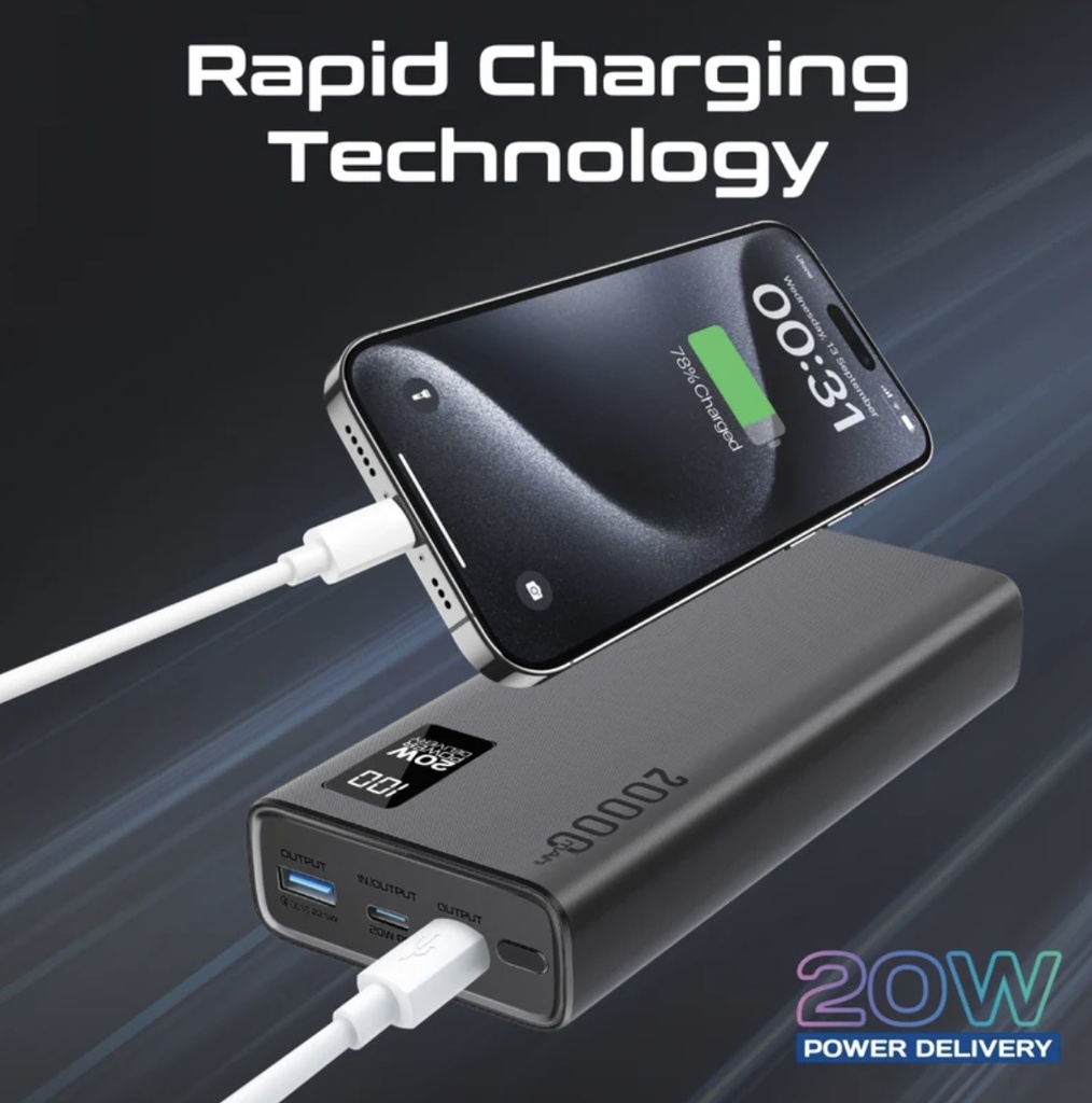 Promate 20W PD Dual USB-C and 22.5W USB-A Ports Power Bank 20000mAh (Black) 