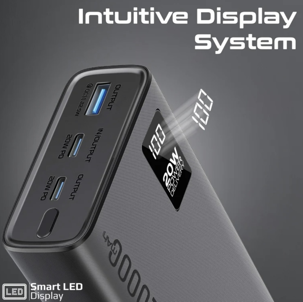 Promate 20W PD Dual USB-C and 22.5W USB-A Ports Power Bank 20000mAh (Black) 