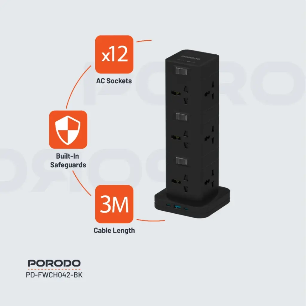 Porodo Three-Story 12AC Power Hub With USB-C PD & Quick Charge 3.0 (Black)