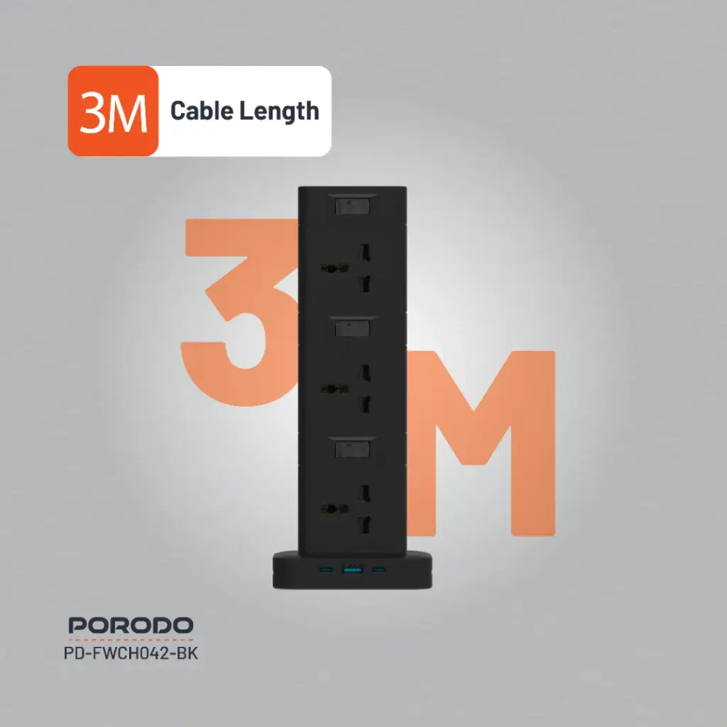 Porodo Three-Story 12AC Power Hub With USB-C PD & Quick Charge 3.0 (Black)