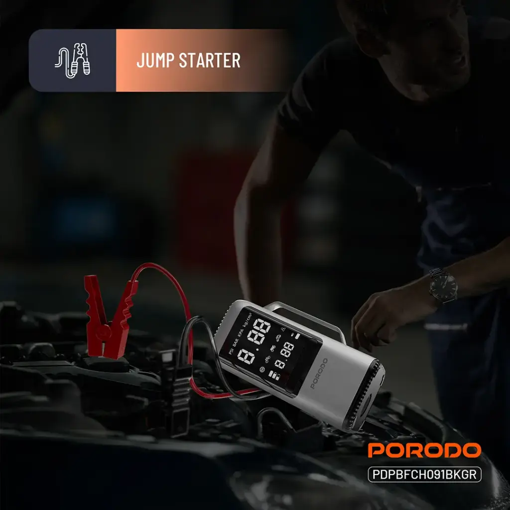 Porodo 6-IN-1 Multi Function Power Tool, Jump Starter | Air Compressor | Power Bank 8000mAh (Black/Gray)