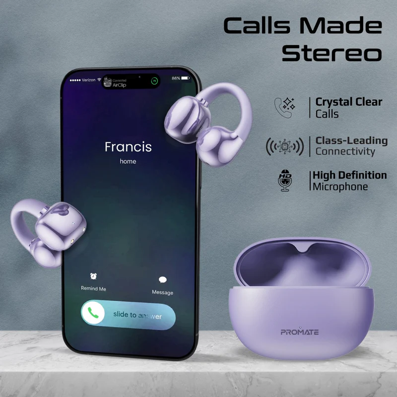 Promate AudioFit™ Wireless Ear Clip TWS Earbuds (Purple)