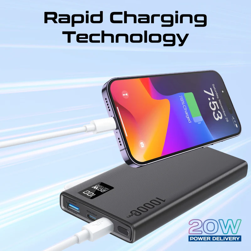 Promate 20W Power Bank PD Dual USB-C and 22.5W USB-A 10000mAh (Black)